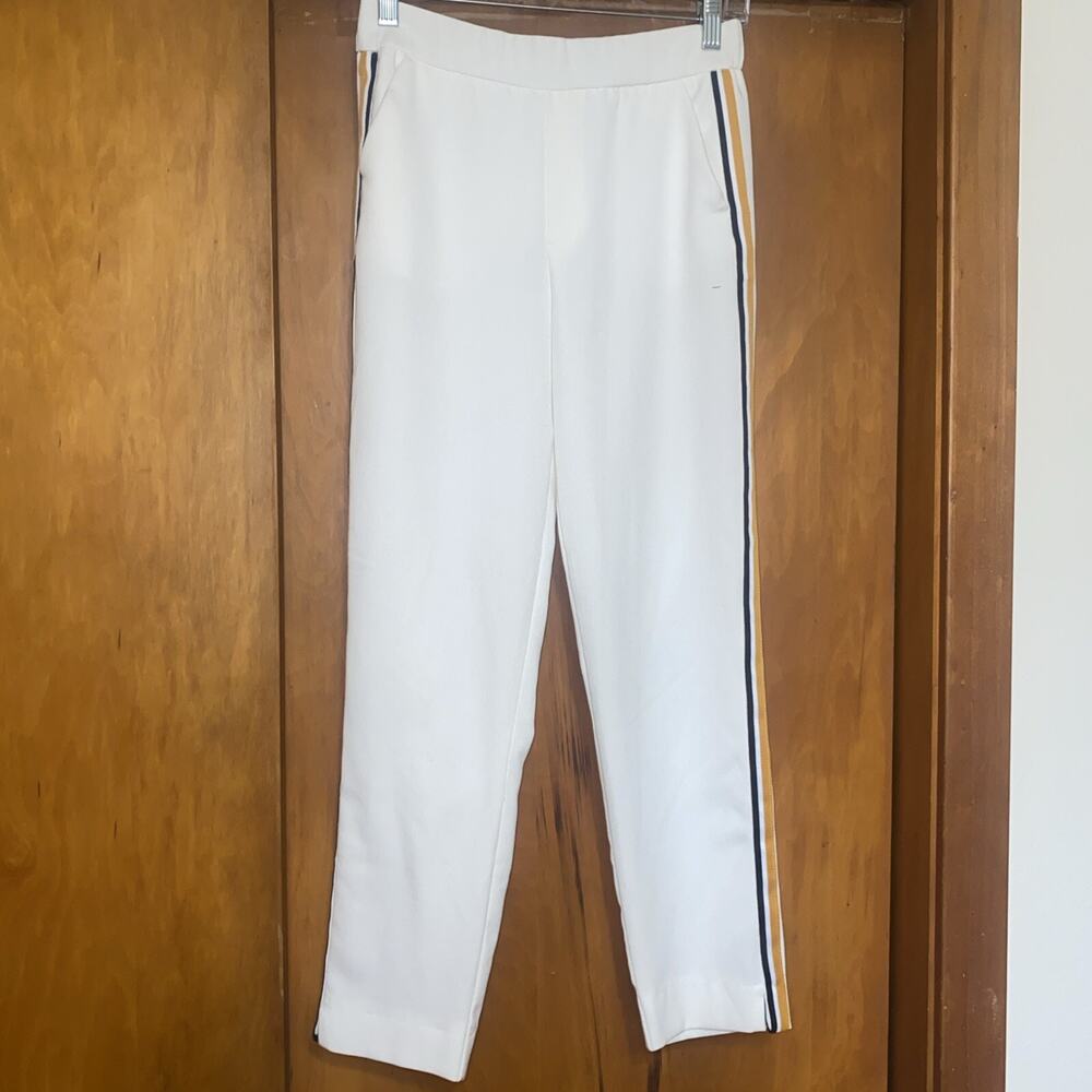 Zara Off White Track Pants Yellow Black Side Stripes Pockets Elastic Pull On